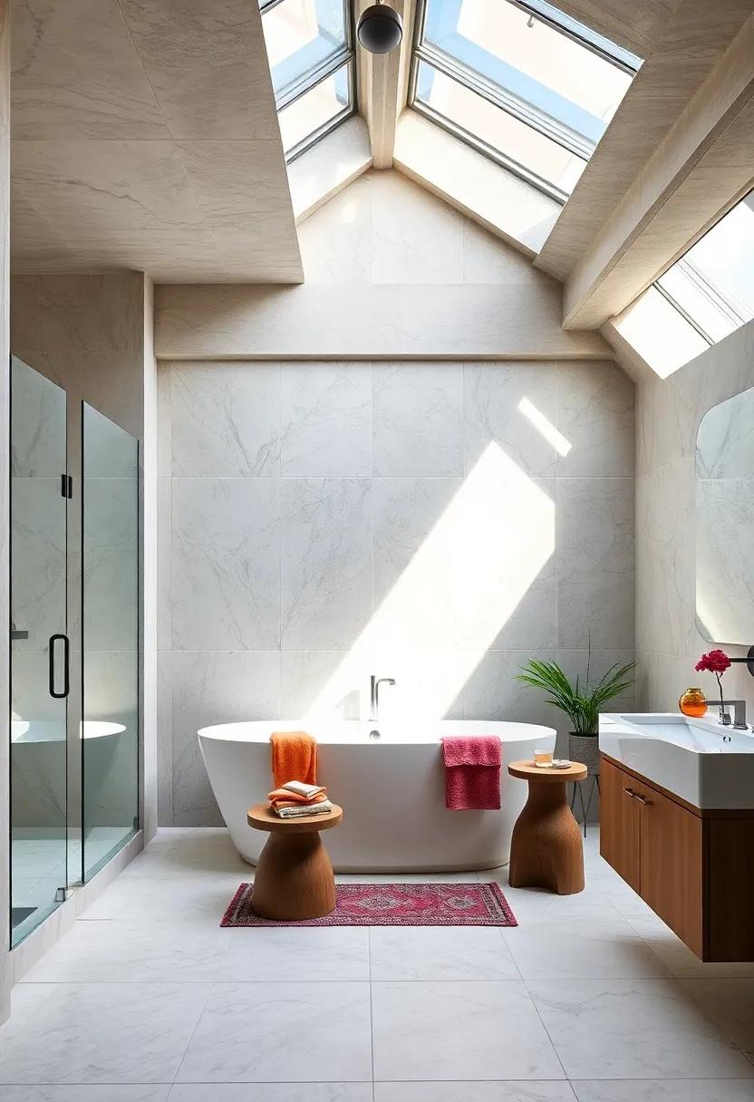 Embrace Natural Light with Skylights: Enhance the brightness of your bathroom by incorporating skylights that allow natural light to flood the space,creating an airy and uplifting atmosphere