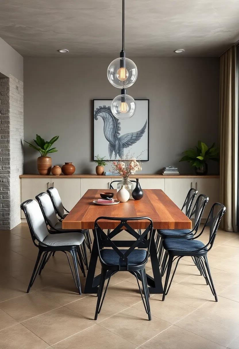 Embrace industrial elegance with a wooden dining table paired with metal chairs for an edgy yet inviting atmosphere