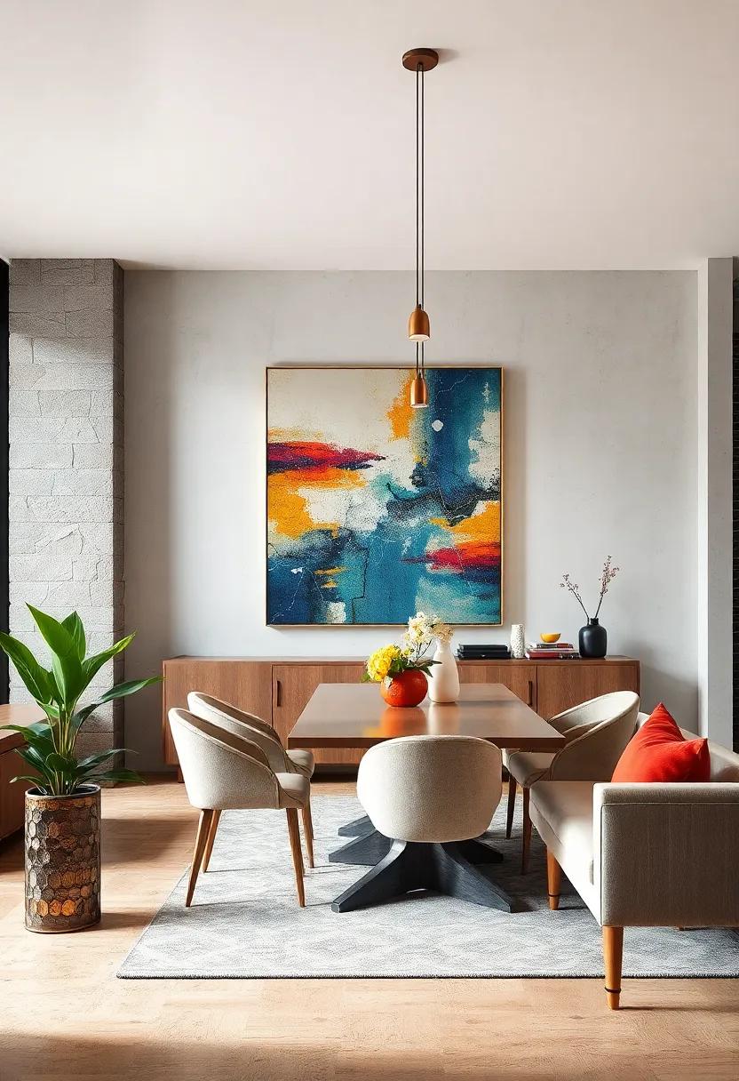 Explore abstract art ​as a wall statement alongside⁤ your dining‍ area, selecting a piece that uses mixed media for depth and intrigue