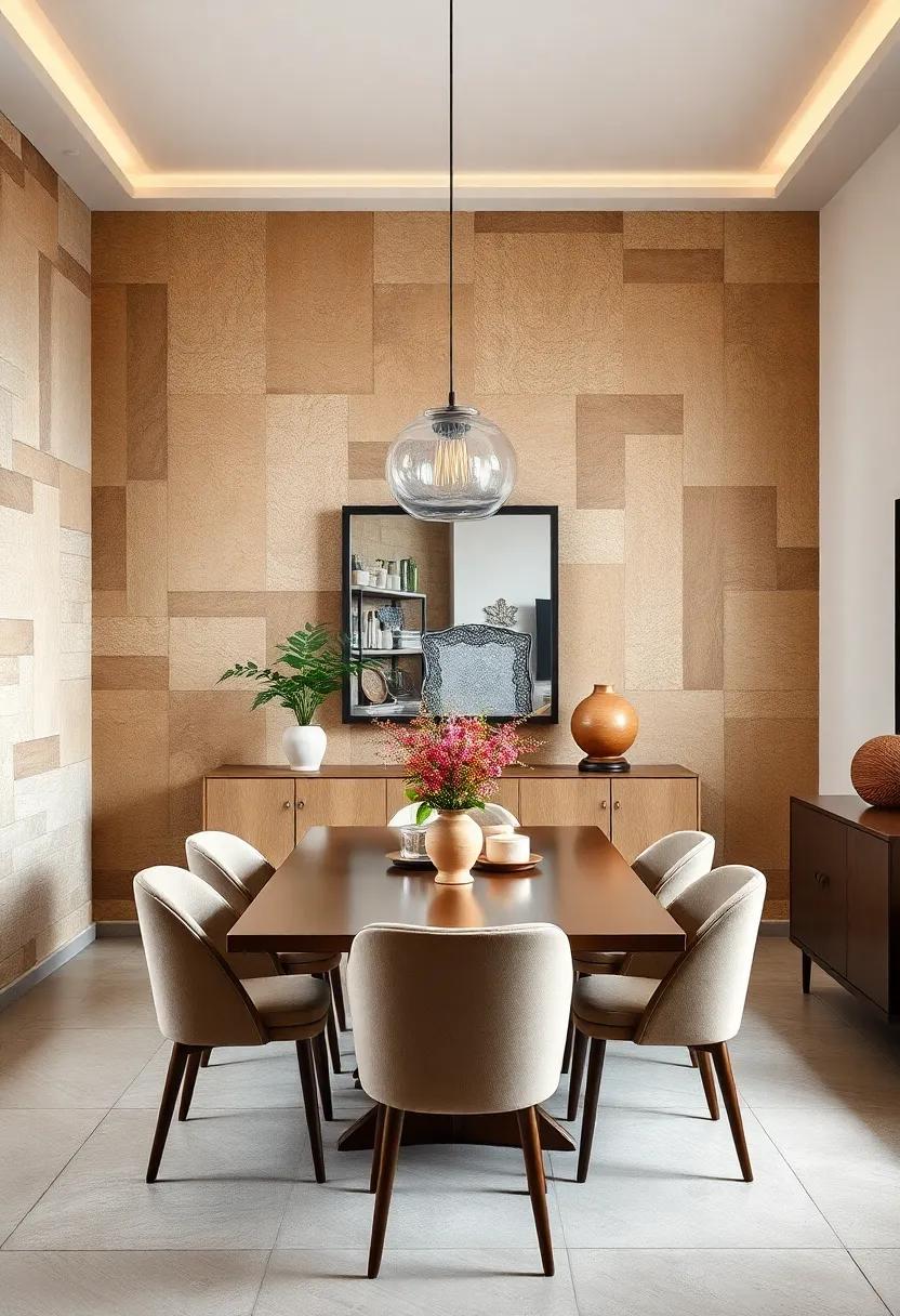 Utilize a bold wallpaper featuring geometric patterns to add depth and intrigue to your‌ dining ‌room while keeping the furniture understated