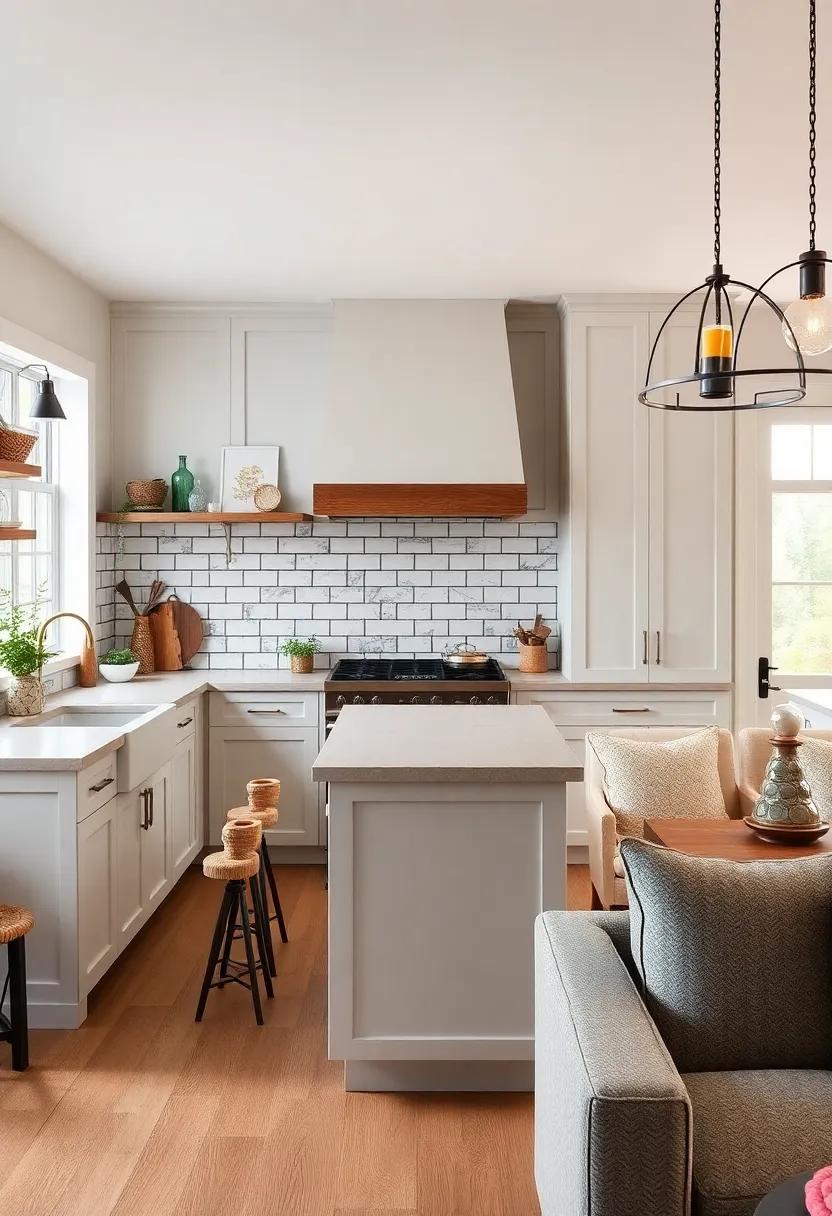 Integrate open concept elements by extending your subway tile design into adjoining living areas for a cohesive space