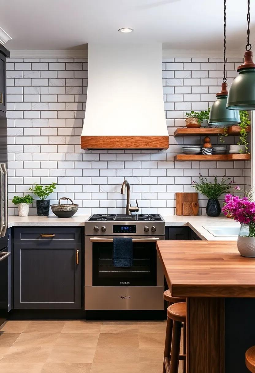 finish off with plant-led decorations along the edges of your subway tiles for a natural touch that enhances the farmhouse appeal