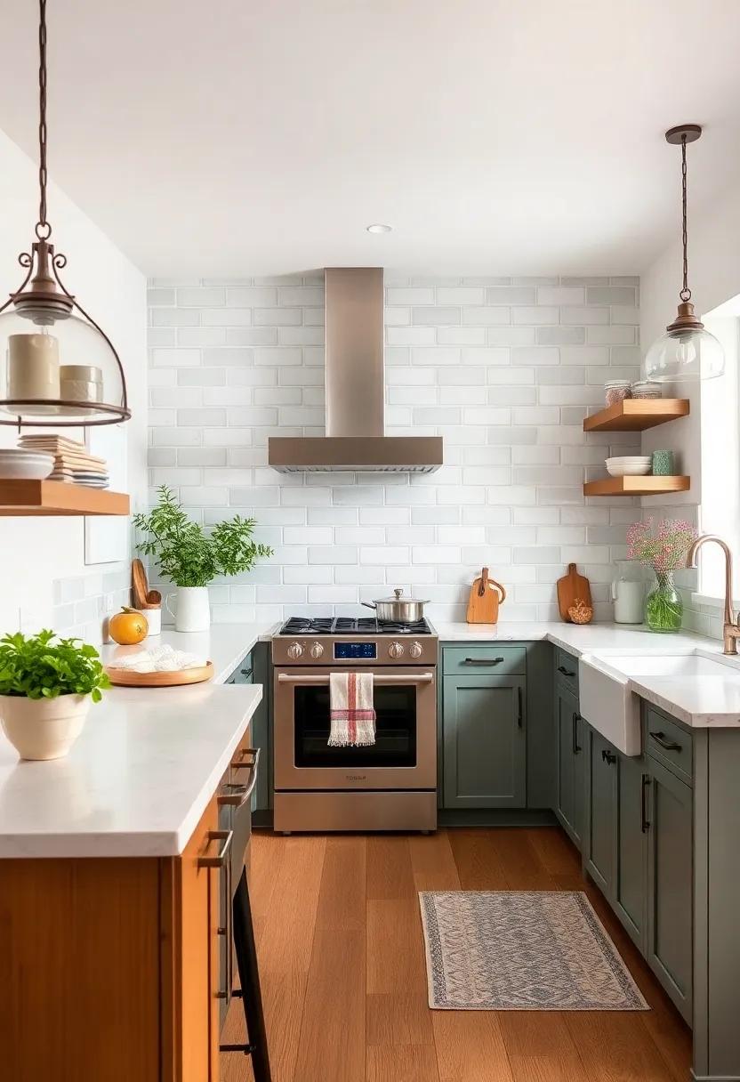 Opt for colored subway tiles, like soft greens or pale blues, to bring a touch of farmhouse charm while maintaining a fresh vibe