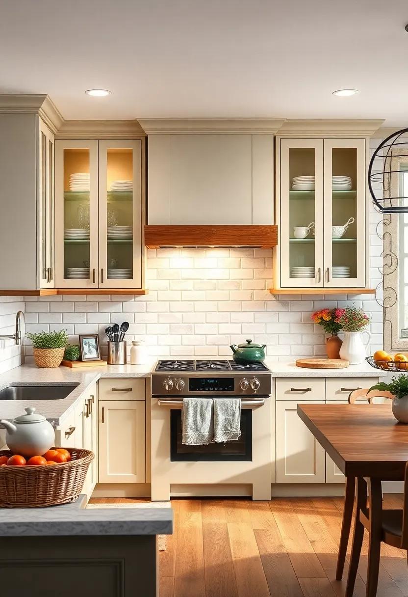 Incorporate glass-front cabinets that showcase your beautiful dishware against a subway tile backdrop for an airy feel