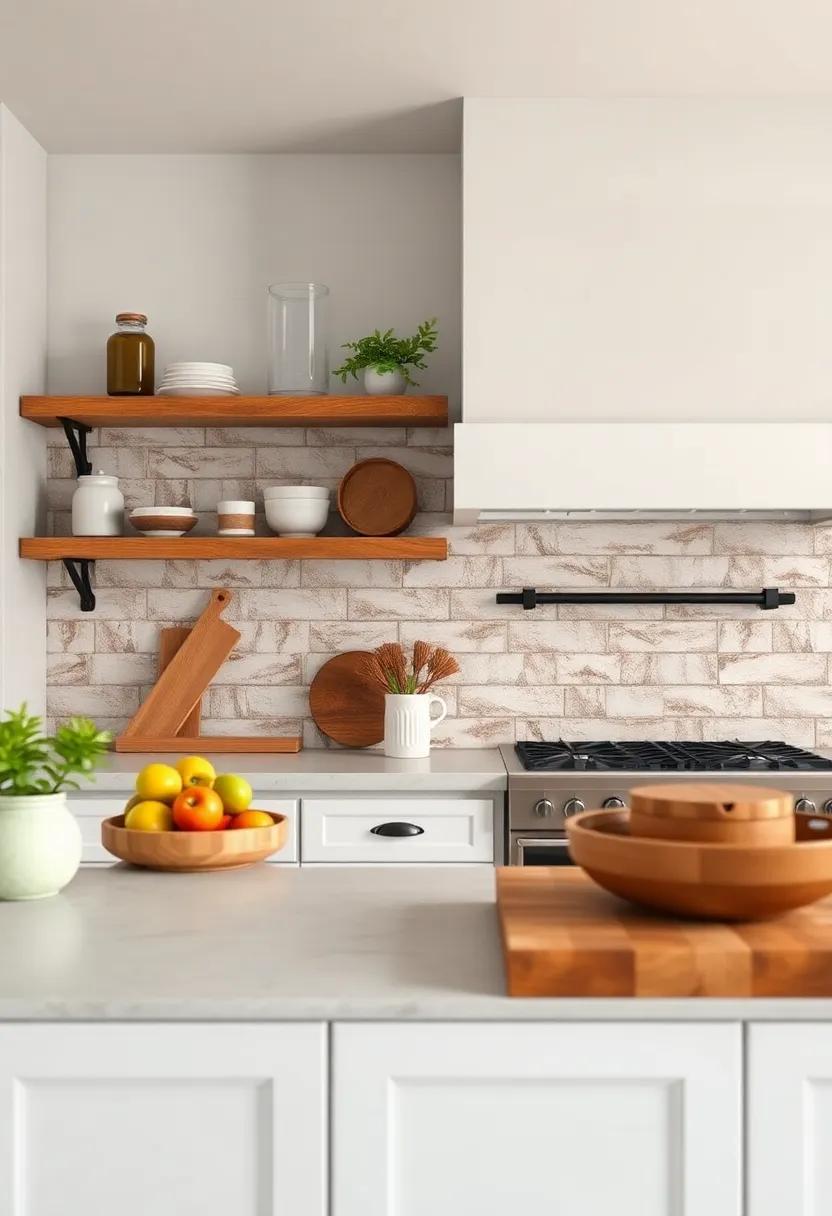 Pair your subway tiles with rustic wooden shelves to showcase farmhouse accessories and add texture to the kitchen