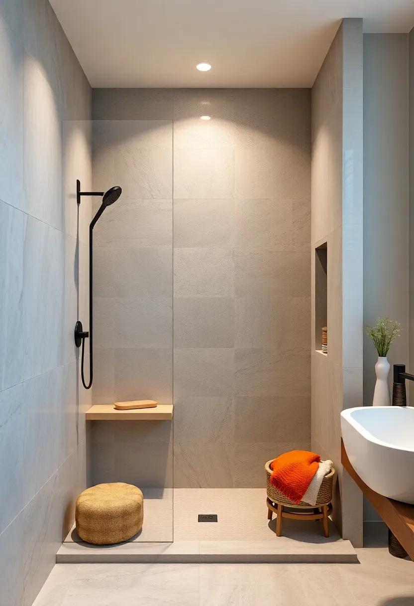 Built-in Niche Ledges: Integrate shallow ledges for seating within shower niches, offering the perfect spot for resting while keeping the design sleek