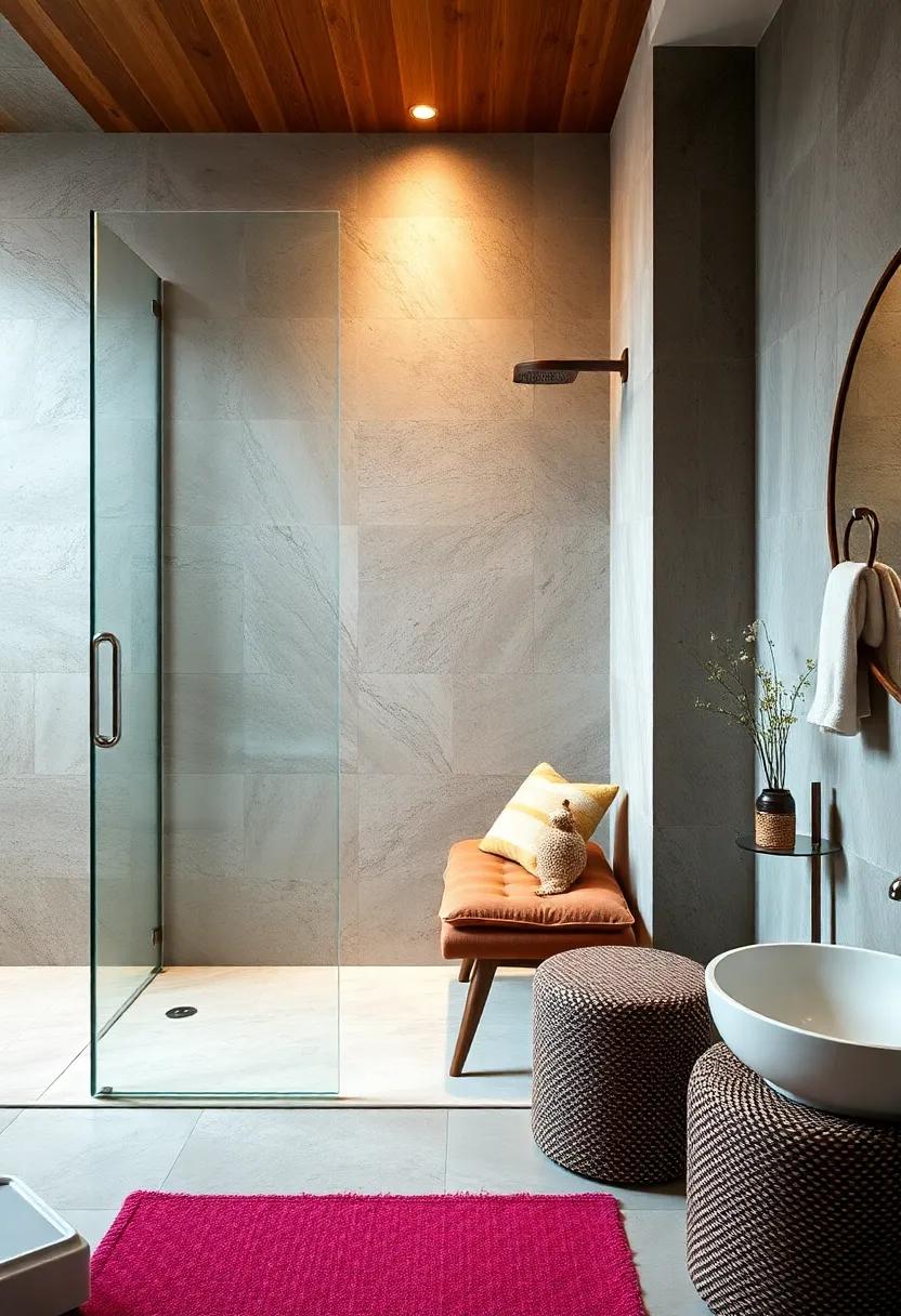 Cushion-Padded Benches: Enhance comfort with a cushion-padded bench, promoting relaxation while showering and offering a pop of color to your decor