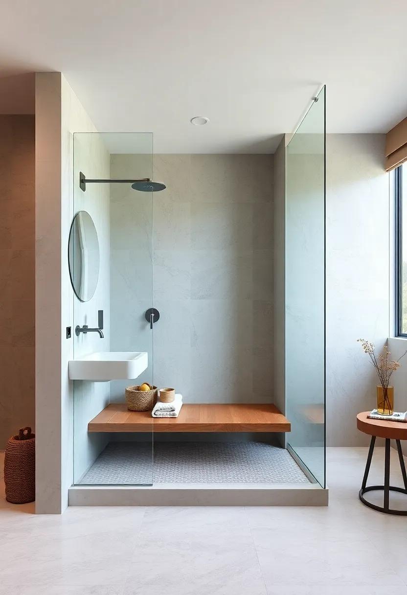 Floating Wood Planks: Install floating wood planks to serve as benches, giving your shower an airy, lifted look while providing ample seating space