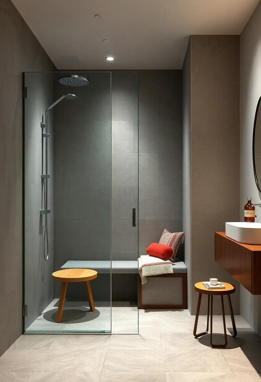 Glass Partition Benches: Embrace transparency with a glass partition leading to a built-in bench, creating a modern look without sacrificing openness