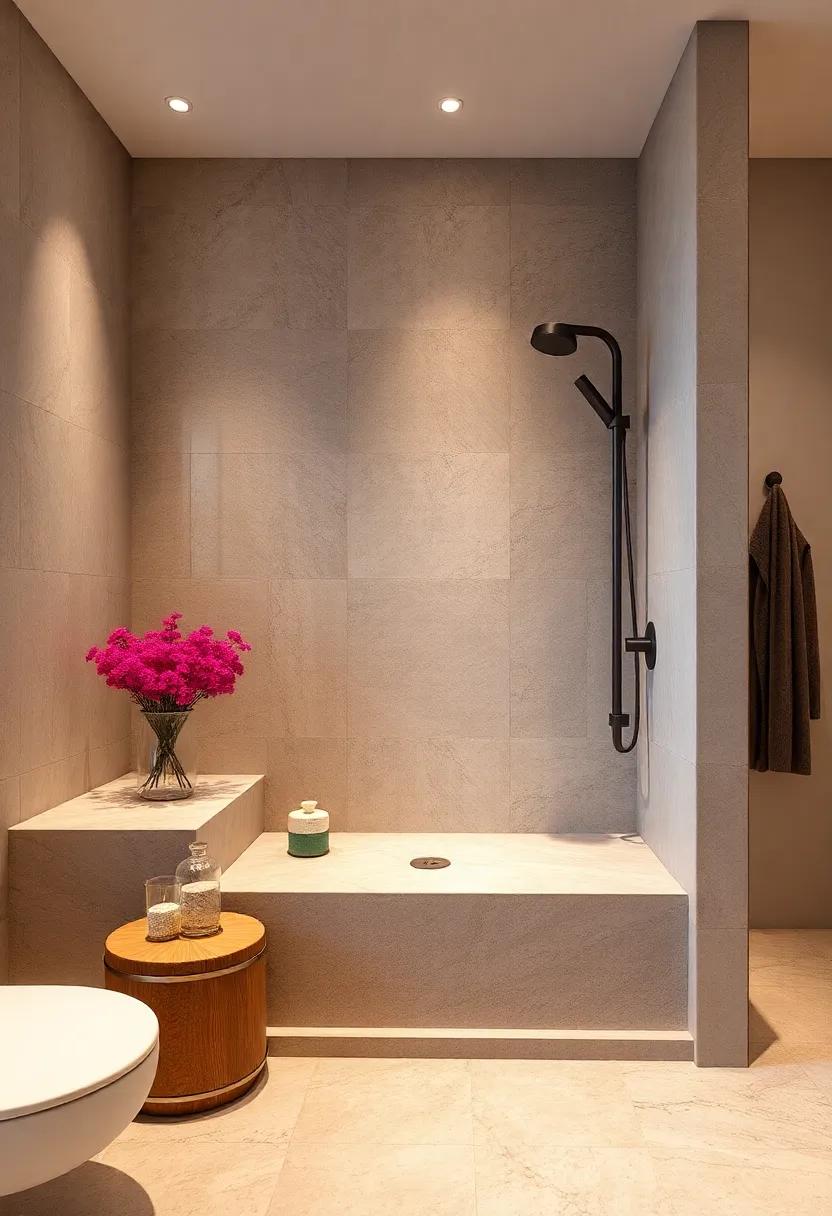Integrated Stone seats: Choose a luxurious look by installing integrated stone seating that matches your shower walls for a cohesive and spa-like experience