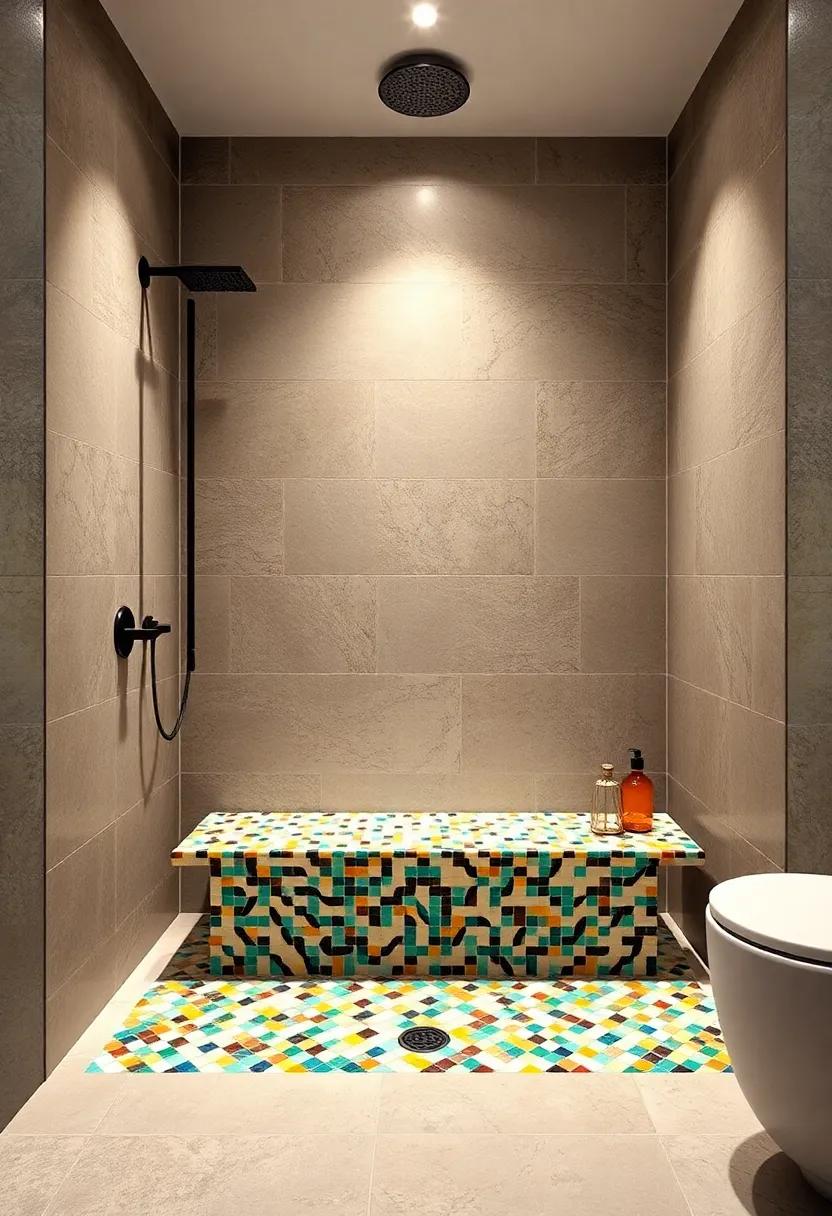 Mosaic Tiled Seats: Add a splash of color and texture by incorporating mosaic-tiled seating that brings artistry into your bathing area