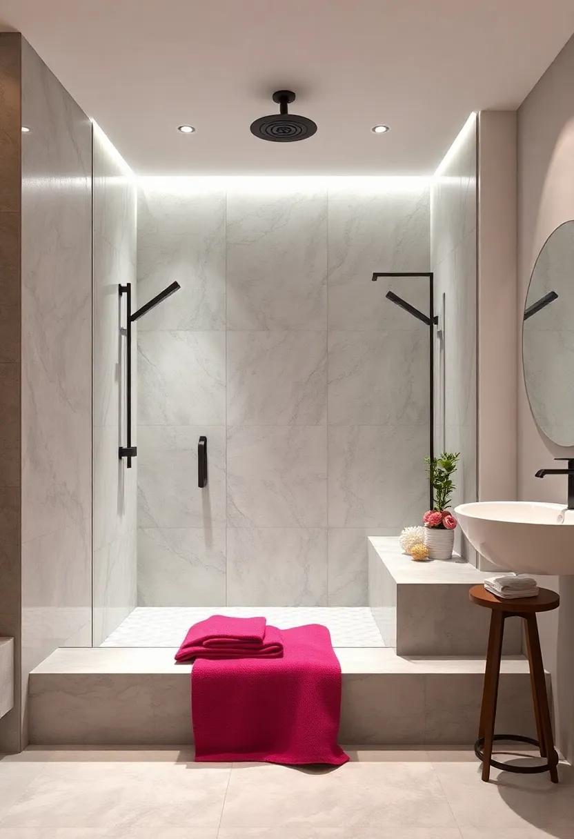 Multi-Purpose Shower Ledges: Combine functionality with style by using multi-purpose ledges that serve as storage and seating all in one