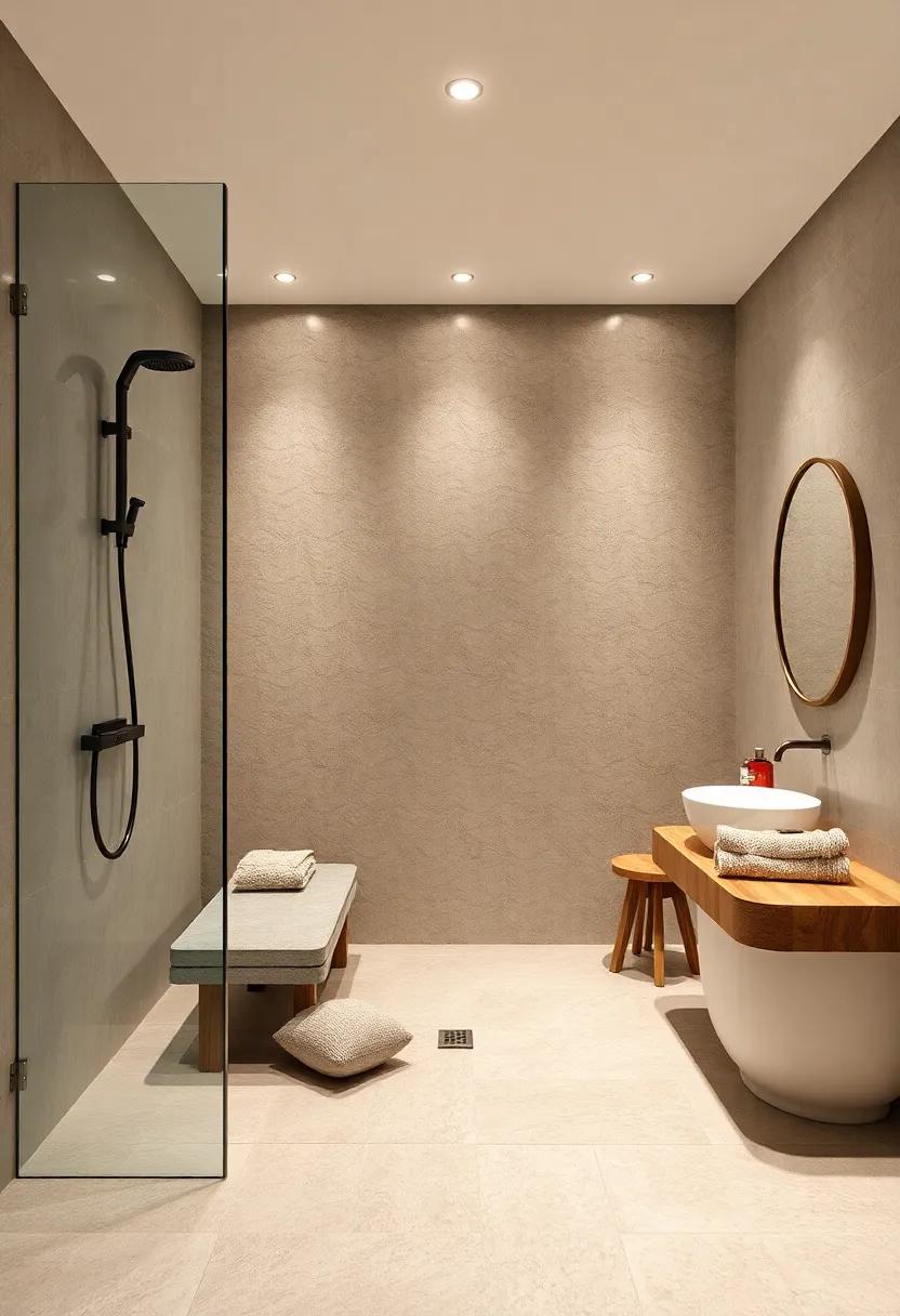 Nature-Inspired Stone Benches: Use large, flat stones as seating to evoke a calm, nature-inspired vibe in your bathroom shower