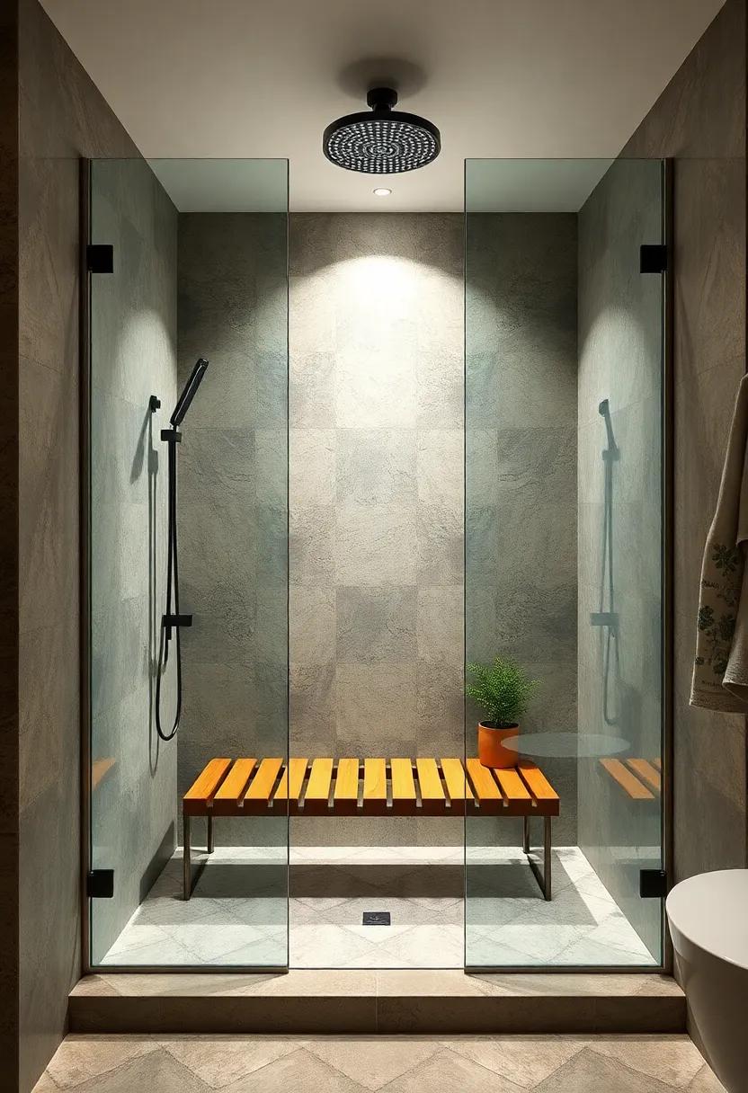 Spa-Like Wooden Slats: Create a tranquil vibe by installing wooden slats as seating, giving your shower a natural, earthy feel reminiscent of a wellness retreat
