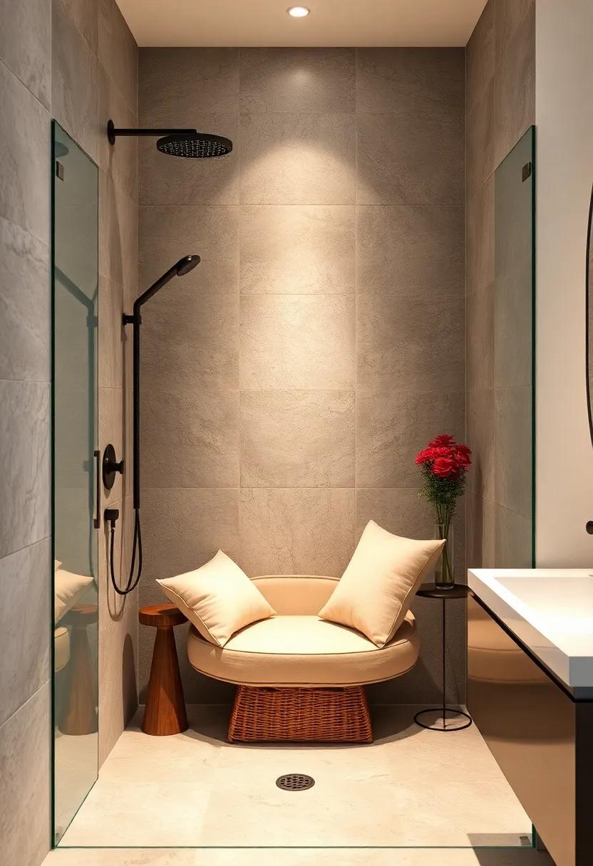 Upholstered Corner Nook: Create a cozy corner nook in your shower with cushions and pillows, inviting you to soak in comfort while enjoying your shower