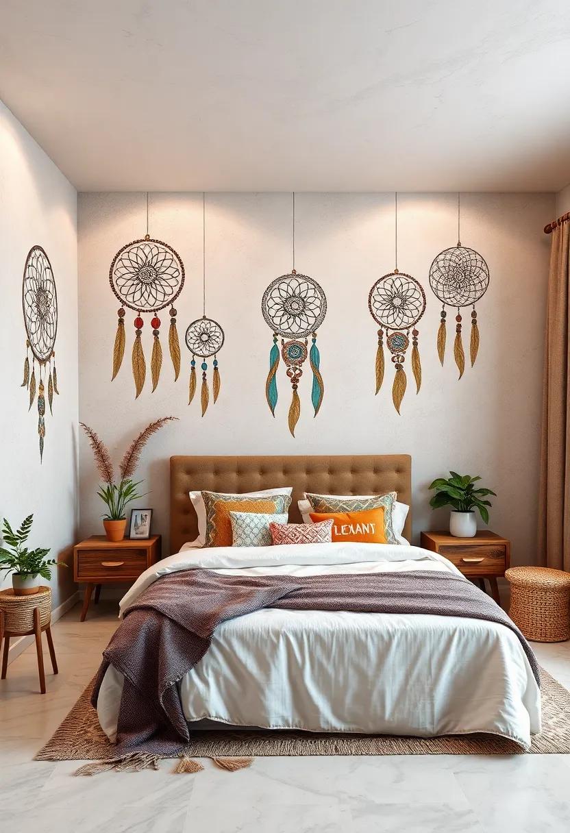 Dreamcatcher Delight: Adorn your walls with enchanting dreamcatcher designs, symbolizing protection and positivity in a stylish‍ form