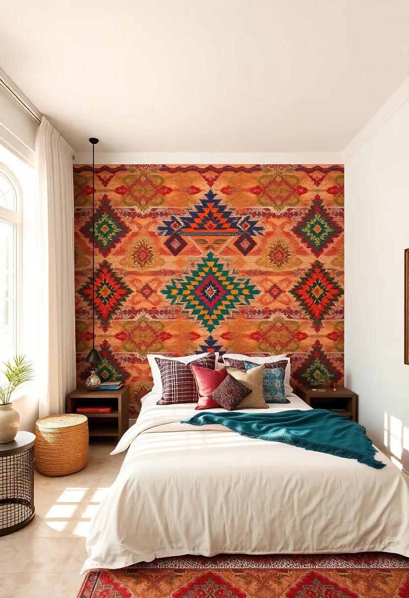 Eclectic Aztec Patterns: Rich colors and layered​ shapes ​form a dynamic Aztec design, perfect for adding a‍ bold statement to your bohemian-inspired bedroom
