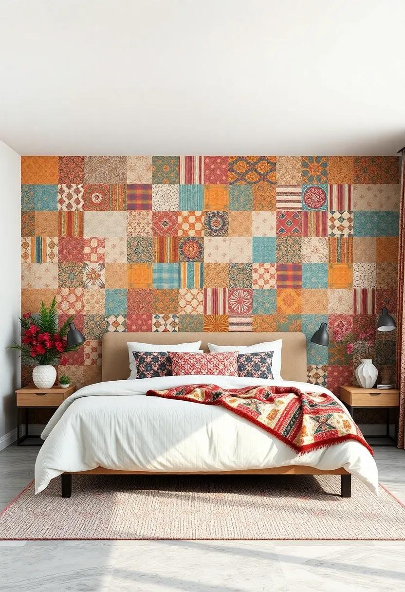 patchwork Quilt:‌ A colorful quilt-inspired wallpaper design, featuring various patterns, brings⁤ a homely and warm feel to your bedroom atmosphere