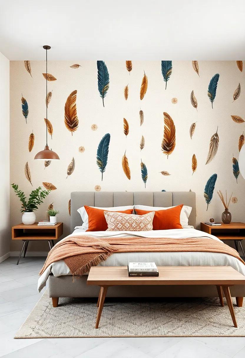rustic ⁣Feathered Whimsy: Playful feather motifs ⁢in earthy tones⁣ give a nod to nature, bringing a whimsical touch to your bedroom wall