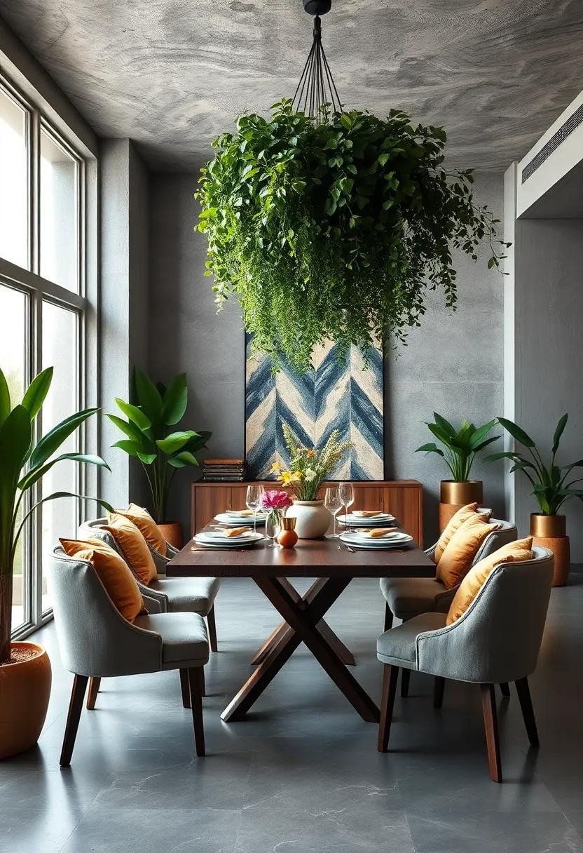 dine Under the Canopy: if space allows, install a hanging greenery arrangement above the dining table for a natural canopy effect