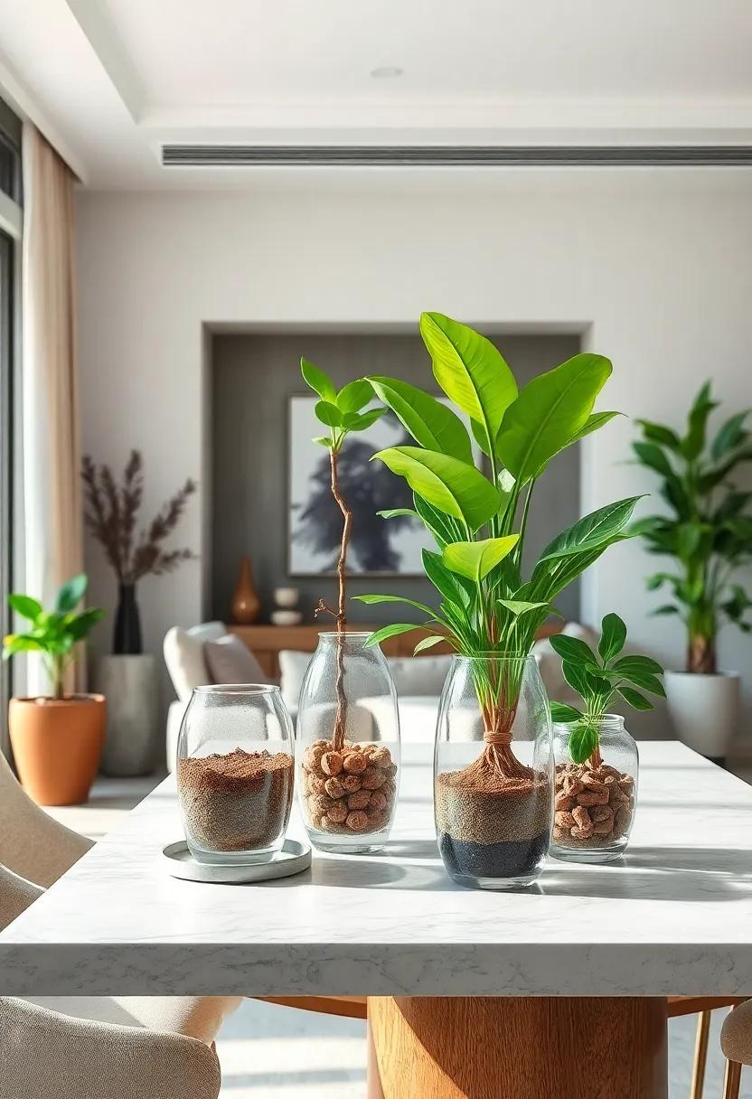 use Glass Vases: Display plants in clear glass​ vases for a modern twist, allowing the beauty of the roots and soil to be part of the decor