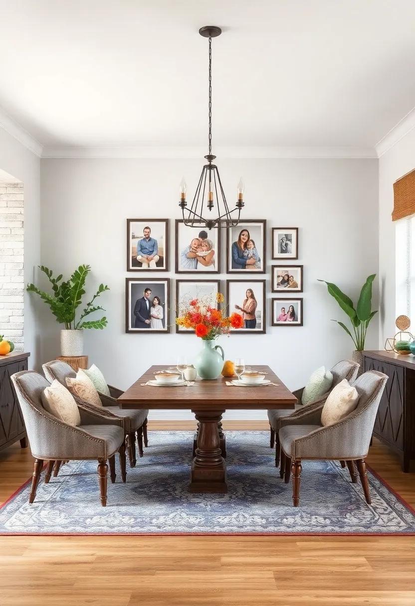 Family Photos Gallery: Create a gallery wall with framed family photos and memories to infuse your dining area with personal history and warmth
