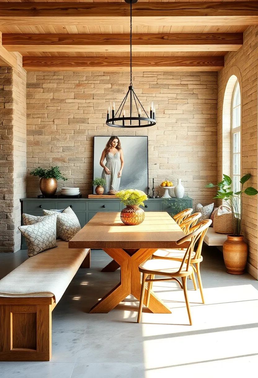 Farmhouse Benches: Replace traditional dining chairs with long wooden benches for a communal feel, making mealtime a shared experience for family and friends