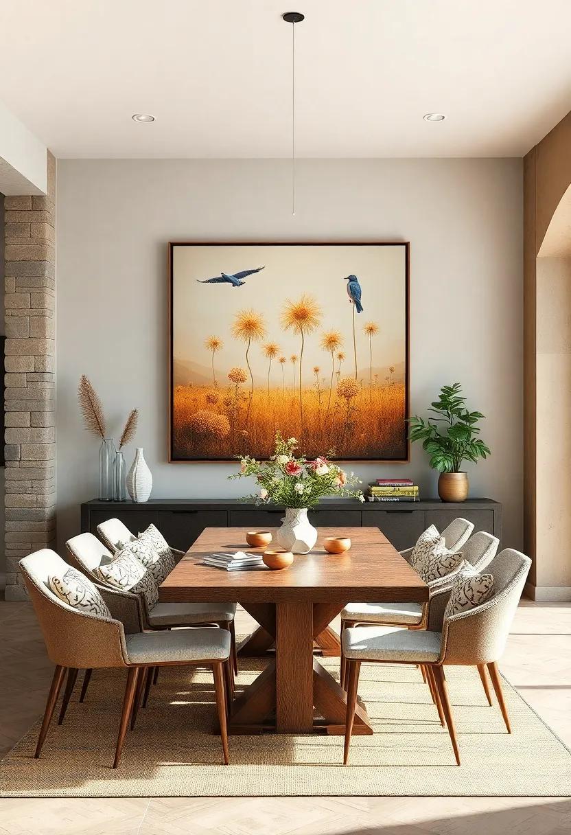 Large Artwork: Select oversized artwork with warm tones or natural imagery to anchor the room and add a creative touch to your farmhouse dining area