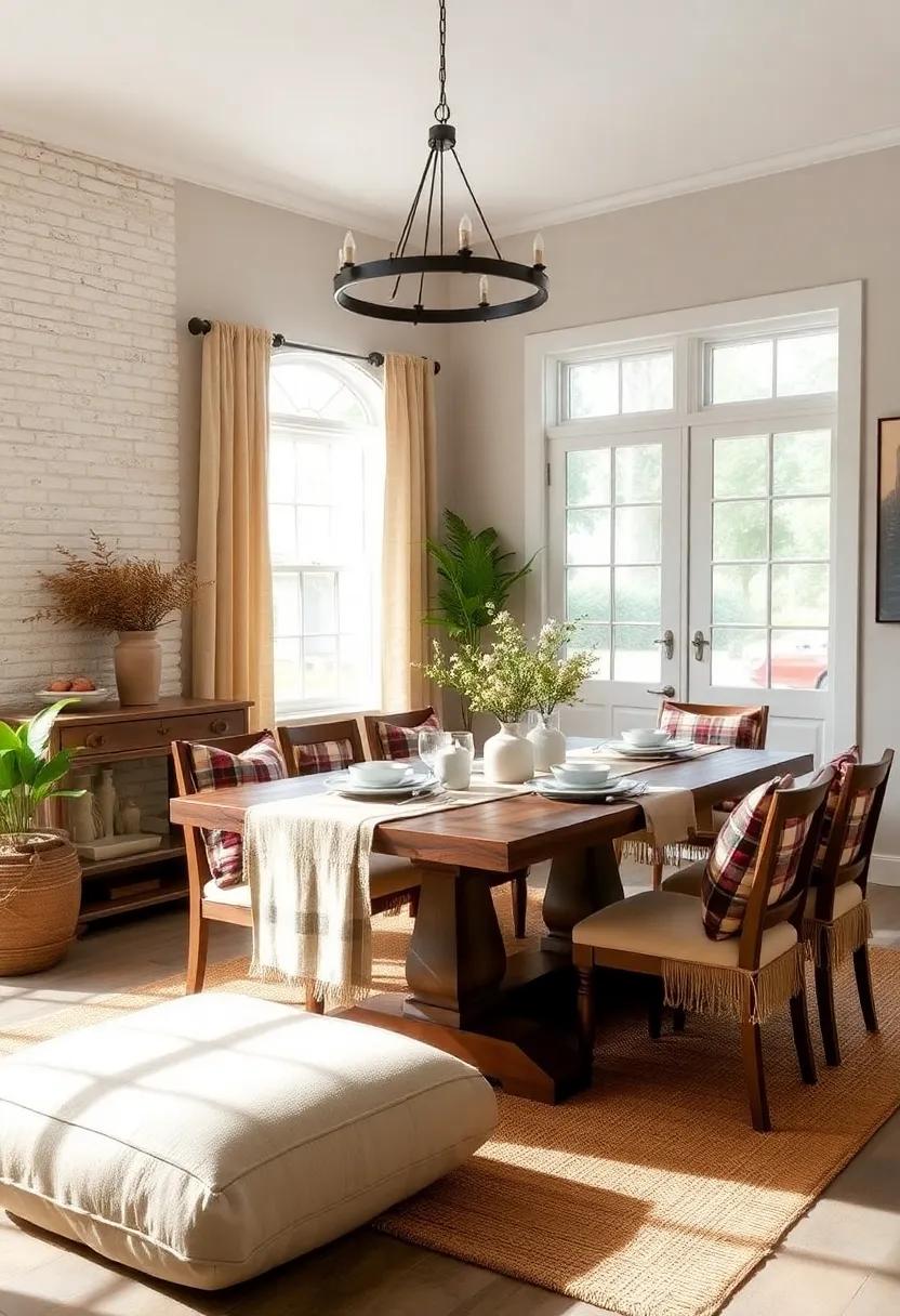 Layered Textiles: Use cozy textiles like woven table runners, linen napkins, and plaid cushions to soften hard surfaces and add warmth to your dining area