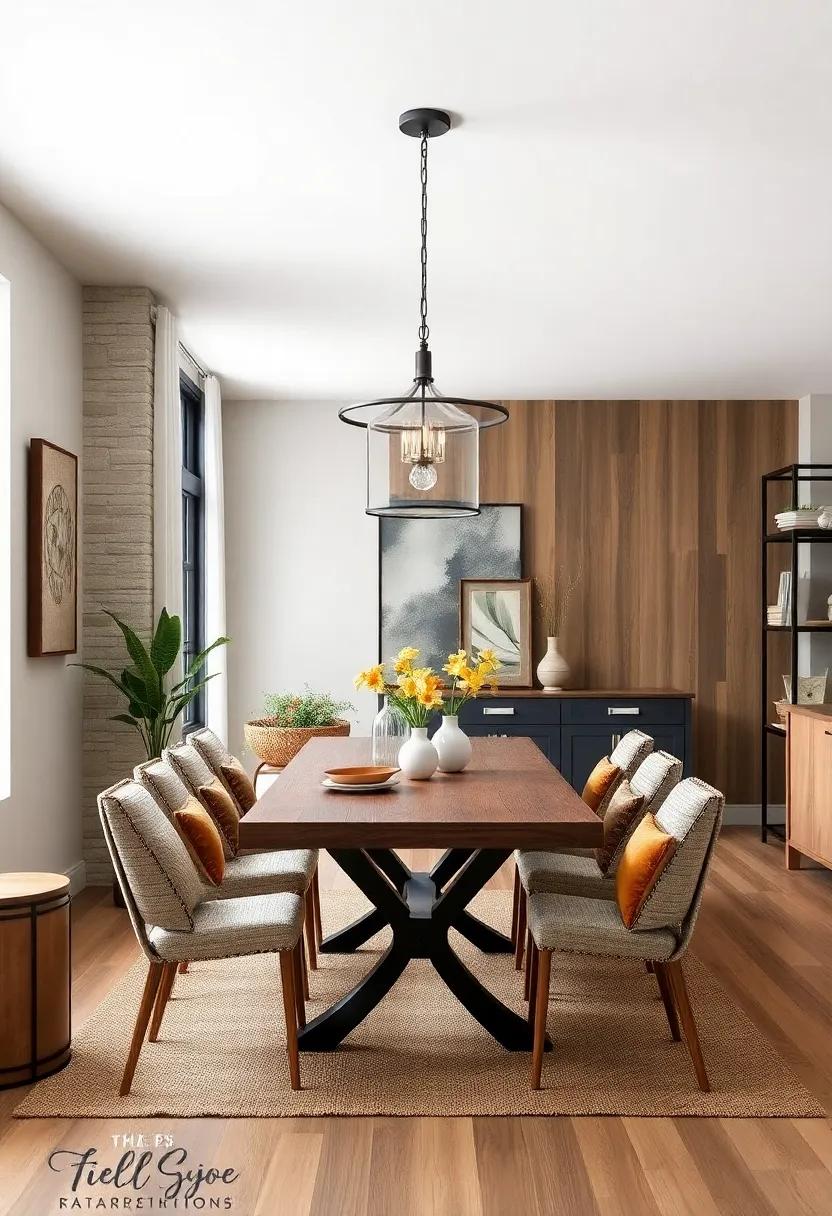 Mixed Materials: Combine wood, metal, and glass to create a layered look that brings depth and interest to your dining room design