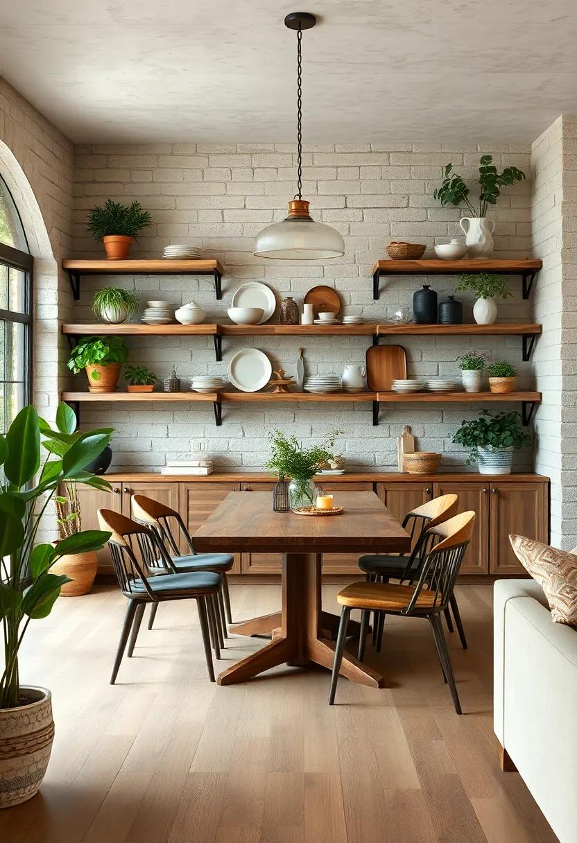Open Shelving: install open shelves to display beautiful dishware, rustic decor, and plants, blending functionality with stylish aesthetics