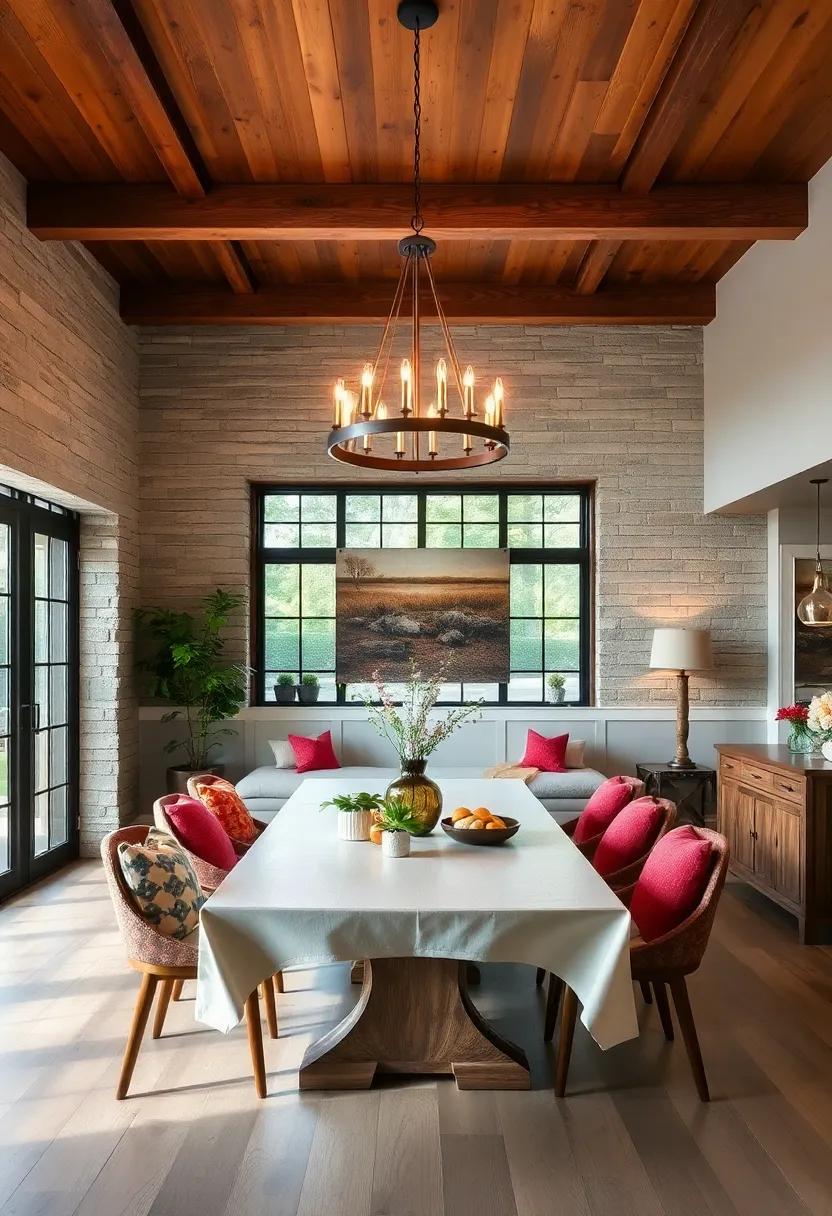 Statement Lighting: Hang a striking farmhouse chandelier or pendant light above your dining table to create a focal point that draws the eye upward