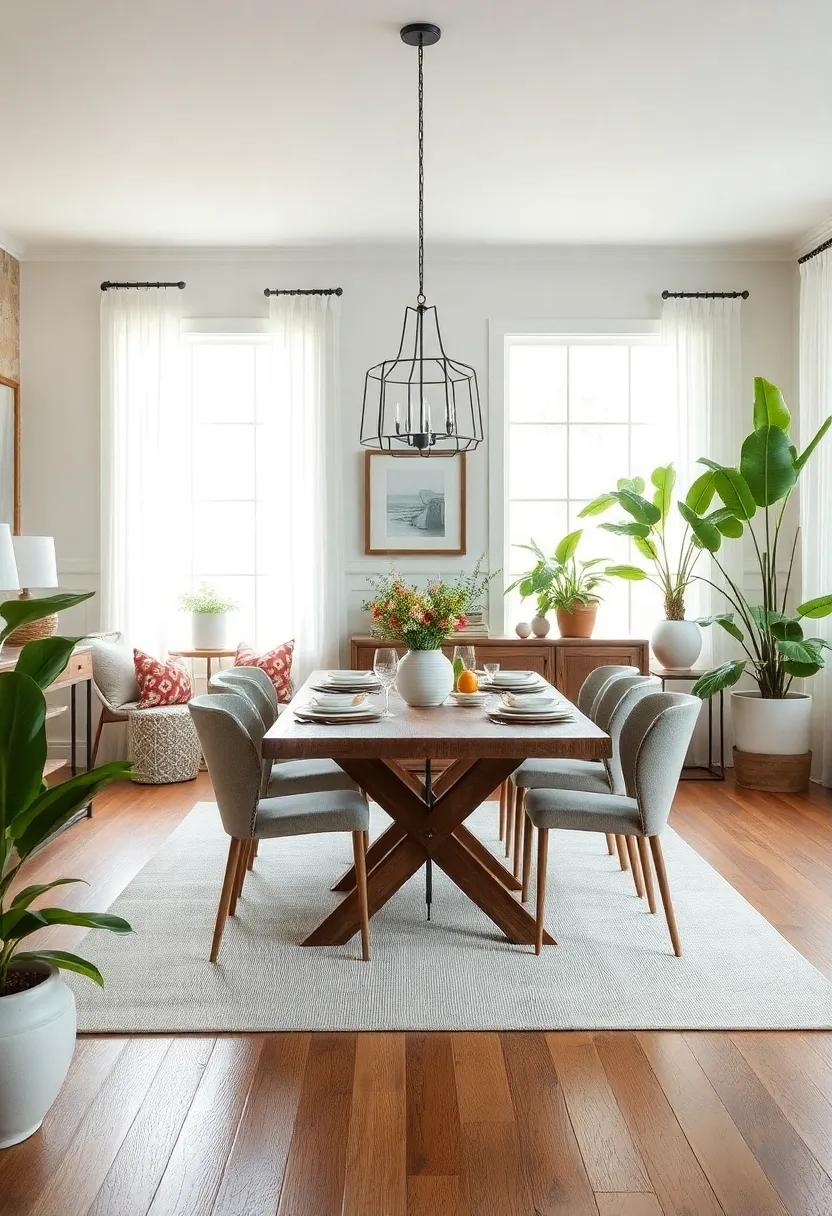 Statement Plants: Incorporate large statement plants, such as fiddle leaf figs or rubber trees, for height and a touch of freshness in the dining room