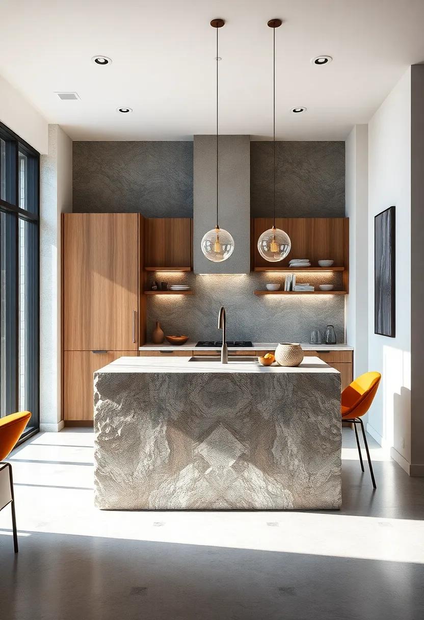 Textured Touch: A narrow​ kitchen⁤ island with a ⁣textured surface, offering a tactile element that enhances both design and functionality