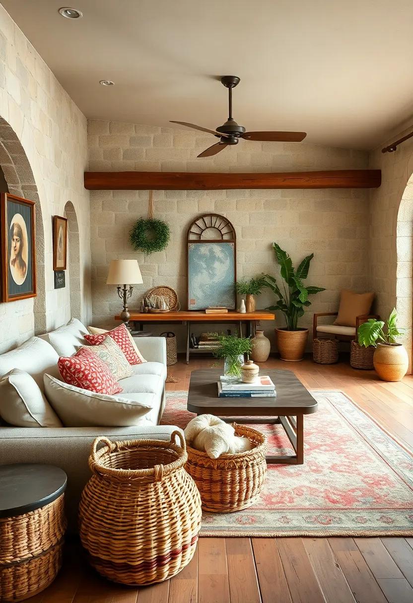 Add‌ Vintage Baskets: Use woven baskets for storage or as decorative elements, adding texture and a charming, lived-in feel⁣ to your rustic living room