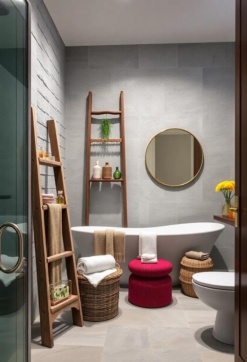 Antique Ladder: Use a reclaimed wooden ladder as a unique storage solution or decorative element, offering rustic charm and functionality