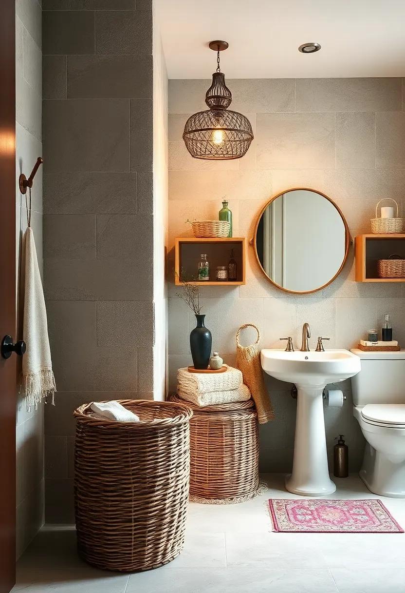Wicker Baskets: Use wicker or rattan baskets for storage; they bring texture and a rustic feel to your vintage bathroom decor