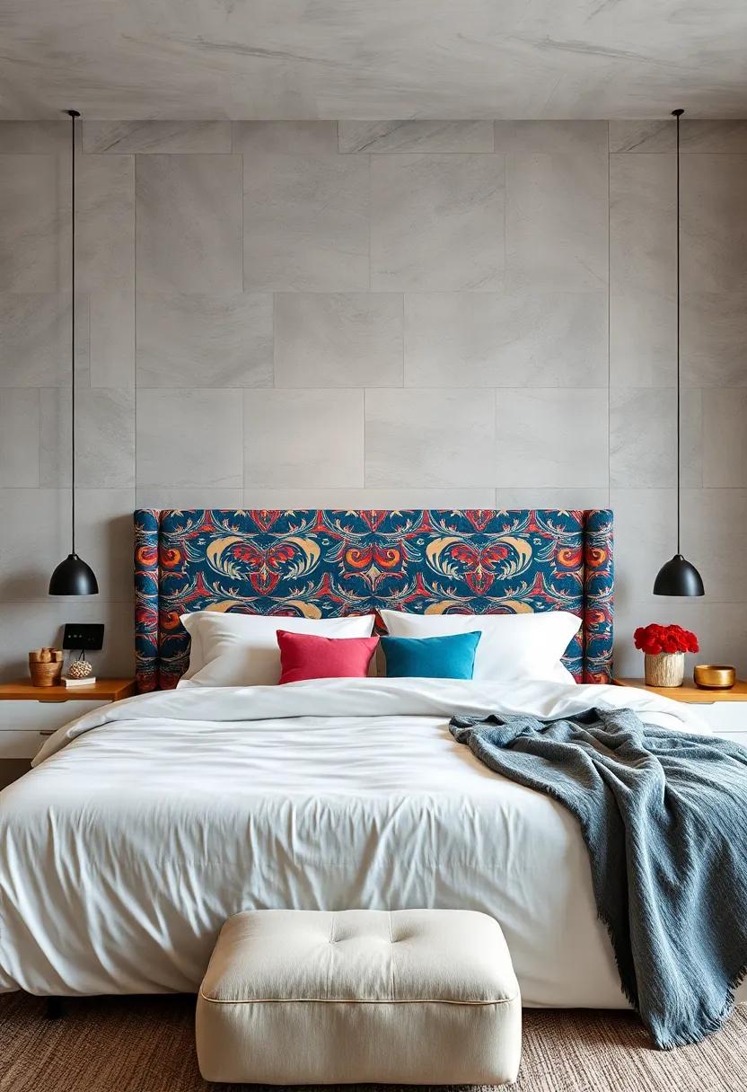 Bold Patterns: Make a statement with a patterned upholstered headboard that brings vibrancy to your bedroom while ensuring your devices stay powered