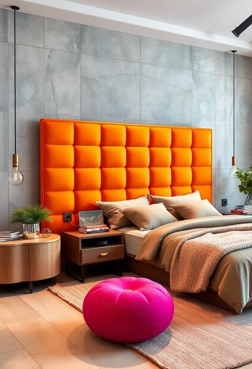 Color Pop: Brighten your bedroom with a vividly colored headboard offering integrated charging stations, turning functionality into a vibrant focal point