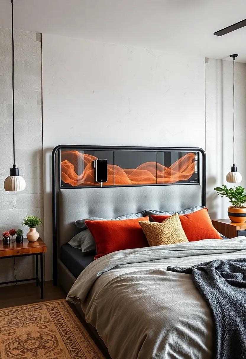 Industrial Chic: Add an urban edge to your décor with a metal-framed headboard showcasing a modern charging station amidst raw, exposed materials