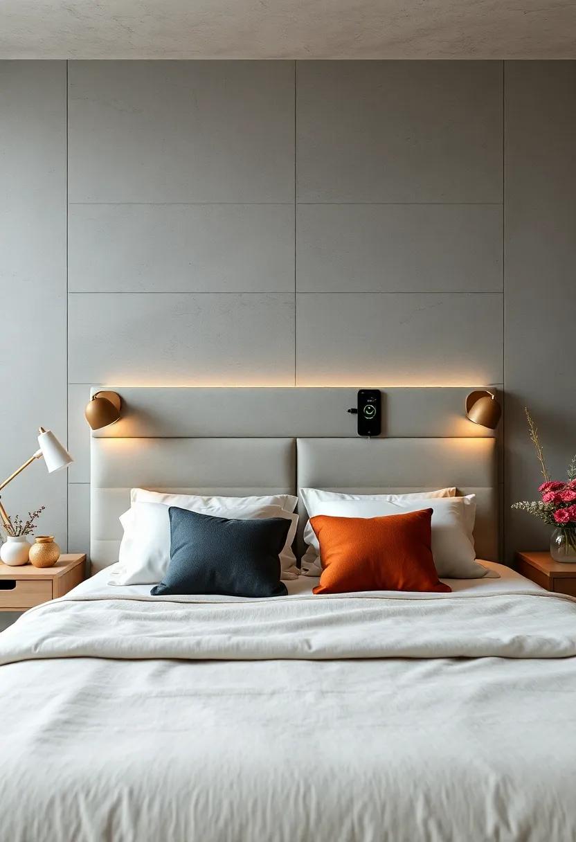 Modern Minimalism: Embrace sleek lines and a matte finish with a headboard that integrates a charging station for a clean, uncluttered look