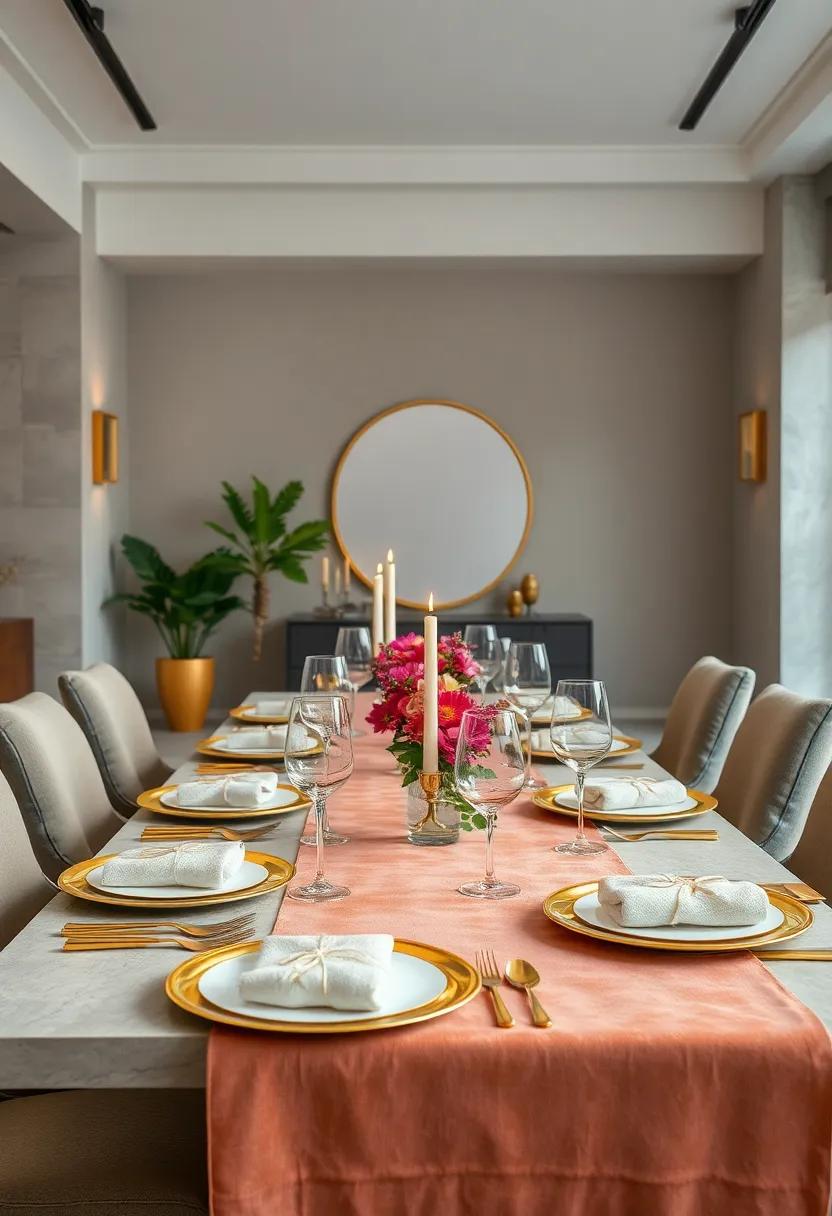 Opulent Gold Accents: Elevate your table setting with gold-rimmed plates and cutlery, complemented by lush velvet table runners for a touch of luxury