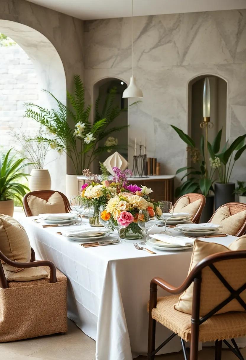 Garden Party Delight: transform your dining area with elegant floral arrangements and charming outdoor elements for a lively, fresh vibe