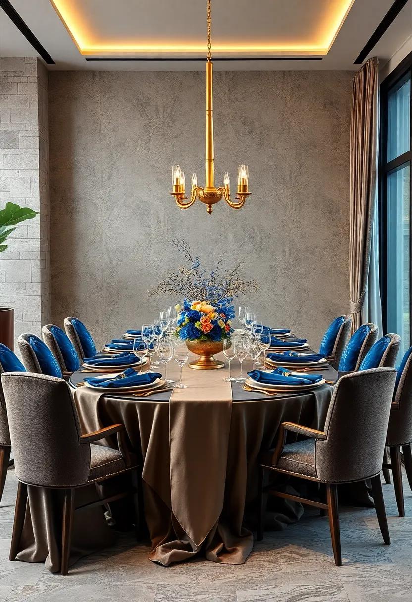 Regal Royalty: Impress your guests with a table setting fit for a king, featuring royal blue and gold hues, opulent centerpieces, and lavish serving pieces