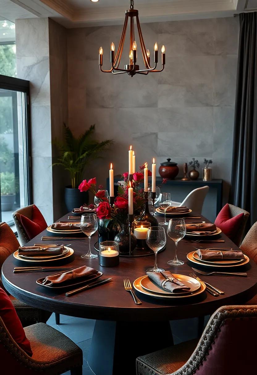 Dramatic Dark Themes: Set a striking scene using deep colors like navy and burgundy, accented with candles and metallic touches for a moody atmosphere