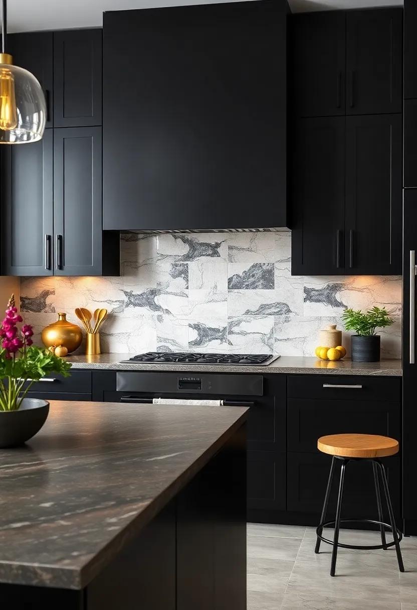 Bold Backsplash: Choose a vibrant or patterned backsplash that contrasts with the black cabinets to serve as a focal point
