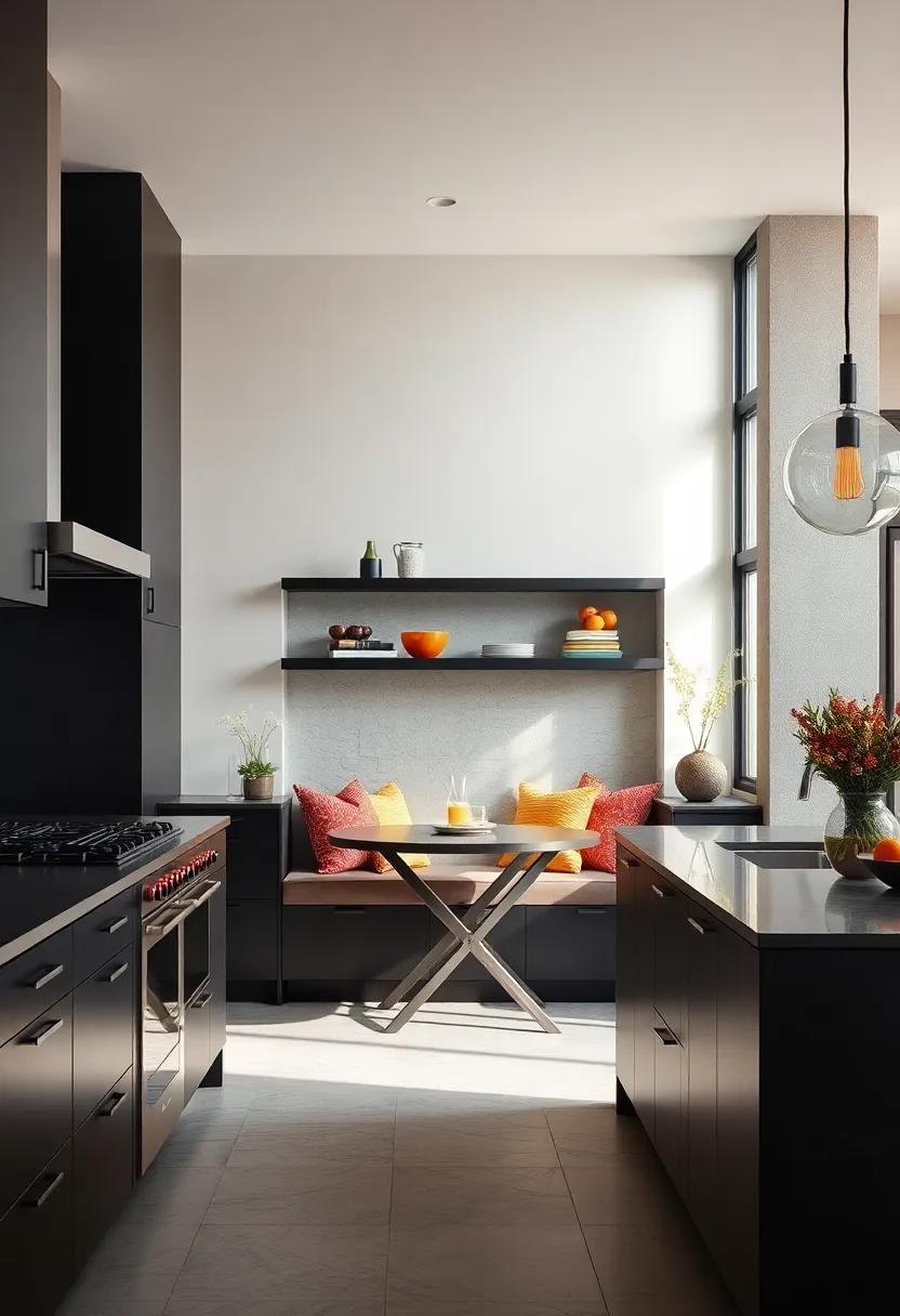 Built-in seating: Incorporate a cozy breakfast nook with cushions in contrasting colors for casual dining in your black kitchen