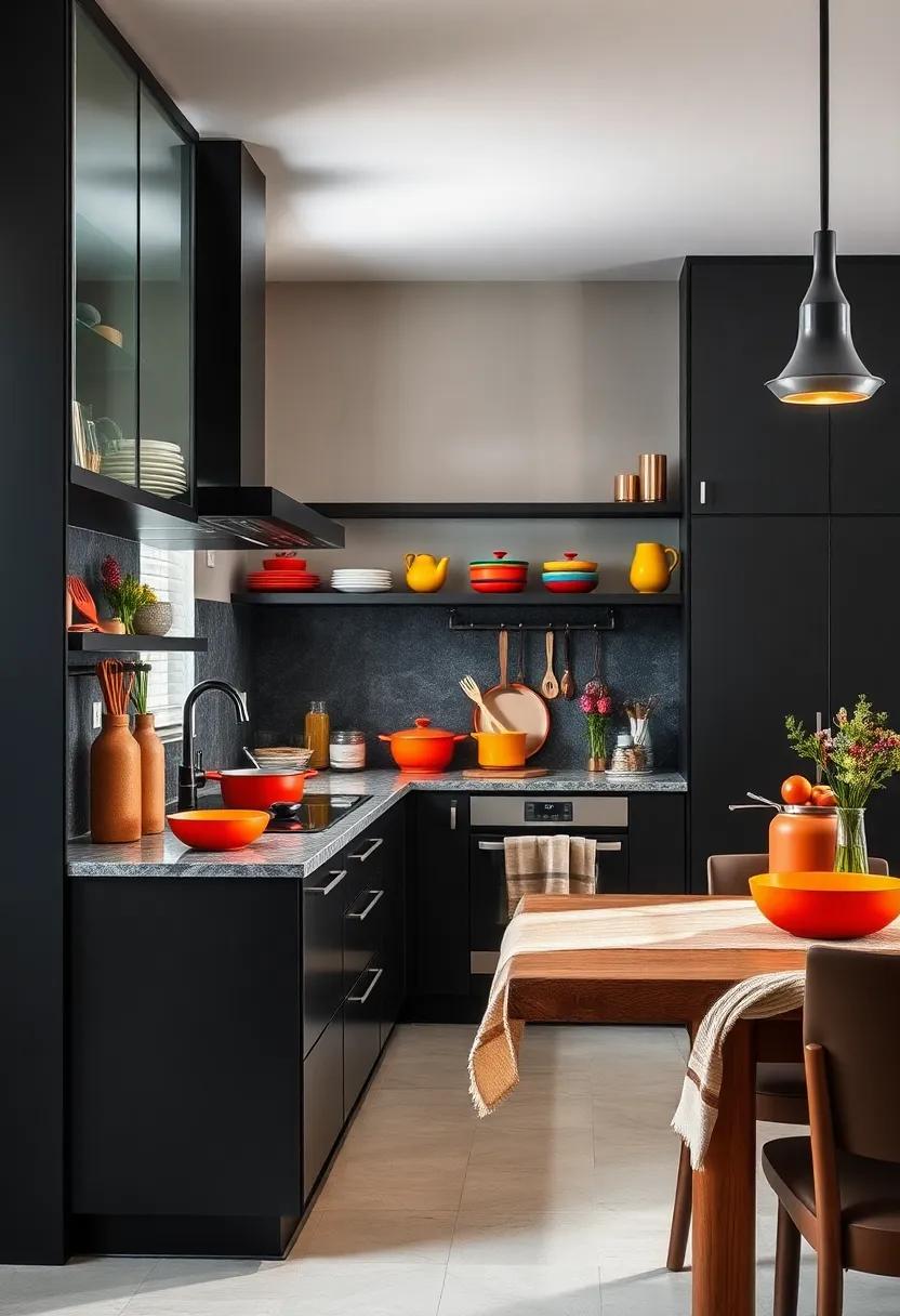 Colorful Cookware: Display colorful cookware and utensils against dark cabinetry for an unexpected pop of color