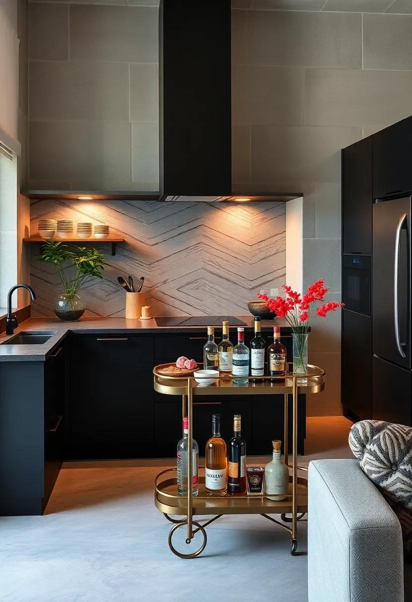 elegant Bar Cart: Incorporate a sleek bar cart stocked with your favorite spirits for a touch of sophistication and convenience