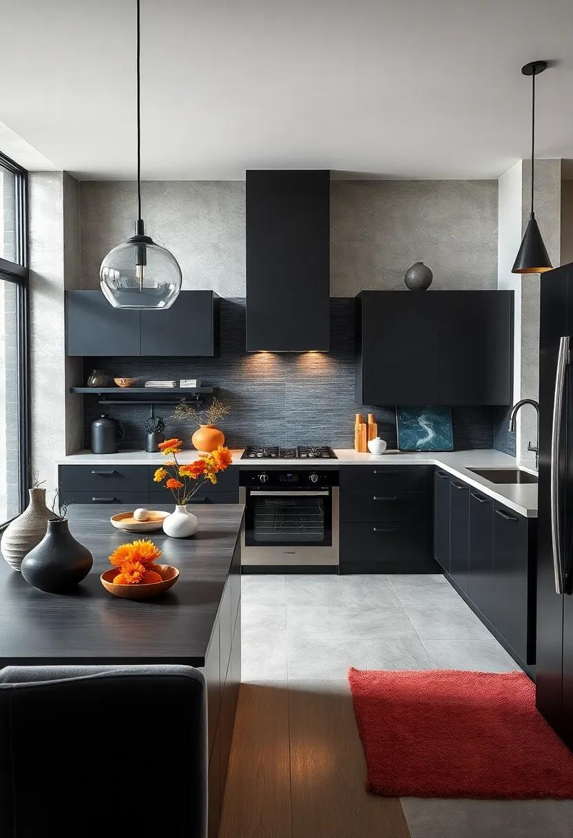 Embrace Minimalism: Use sleek lines and fewer decorative items to create a serene and uncluttered modern black kitchen